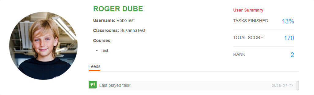 When the teacher clicks on the student, a report page containing information about the student's progress will appear