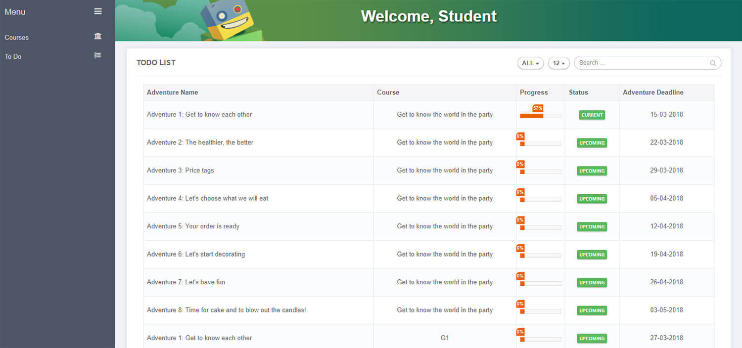 The To Do Page allows a student to view all the  coding adventures that they are supposed to play